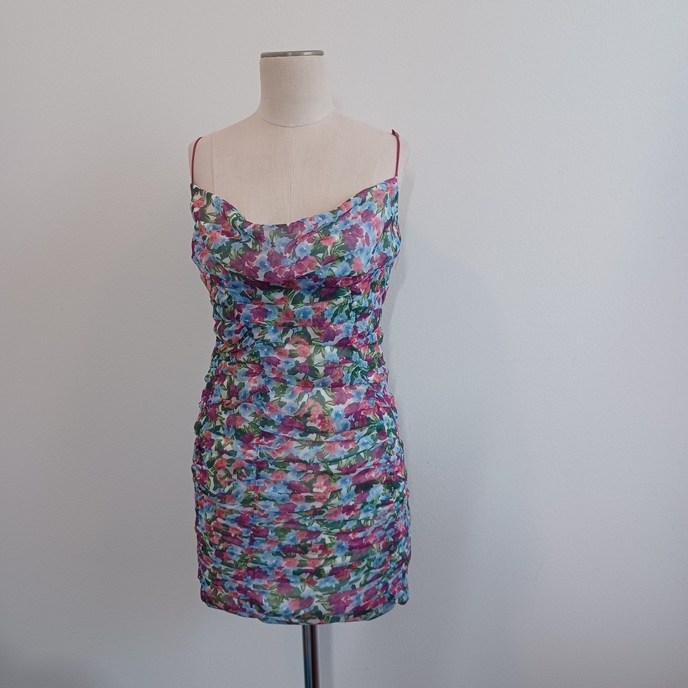 Endless Rose Dress Women M Floral Ruched Mini Garden Party Cowl Neck Coquette